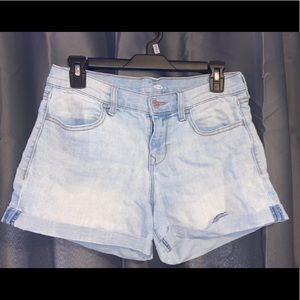 semi fitted light wash jean shorts
